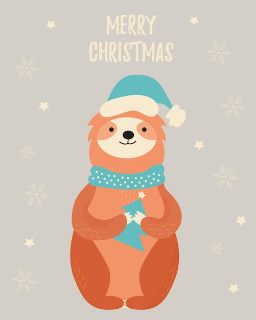 Christmas card with a cute sloth in winter hat and scarf