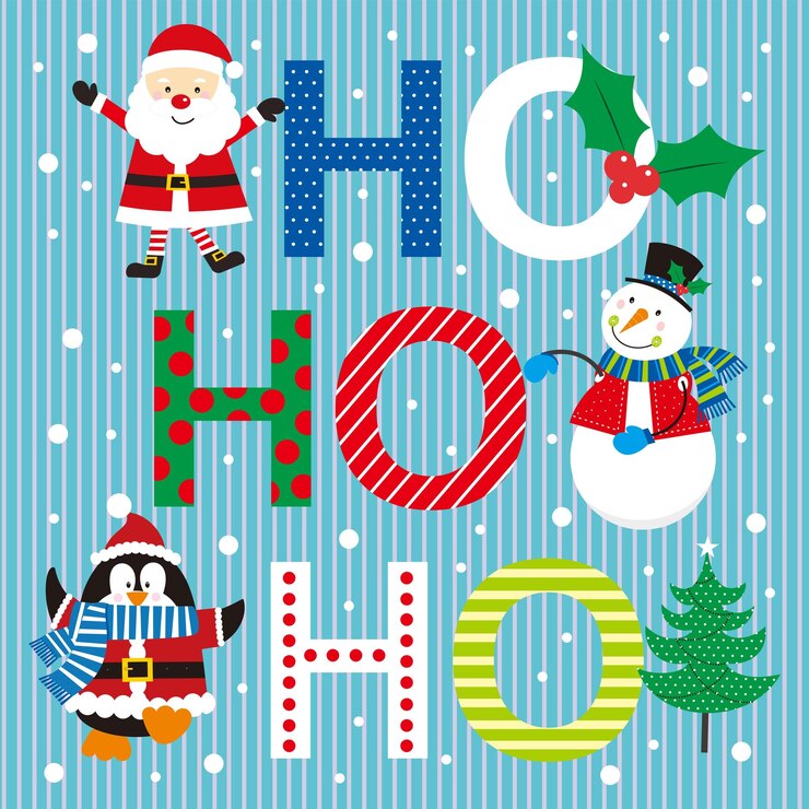 Vector christmas card with santa snowman penguin and ho ho ho