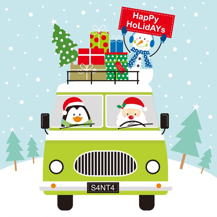 Vector christmas card with santa snowman penguin gifts and tree on the car