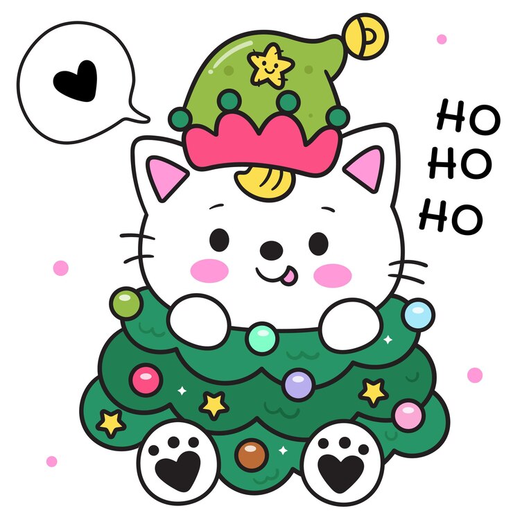 Vector christmas cat xmas tree kawaii animal happy new year card cute animal