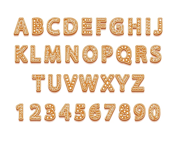 christmas cookies alphabet and numbers, festive new year gingerbread abc font and numerals with glaze, xmas biscuit