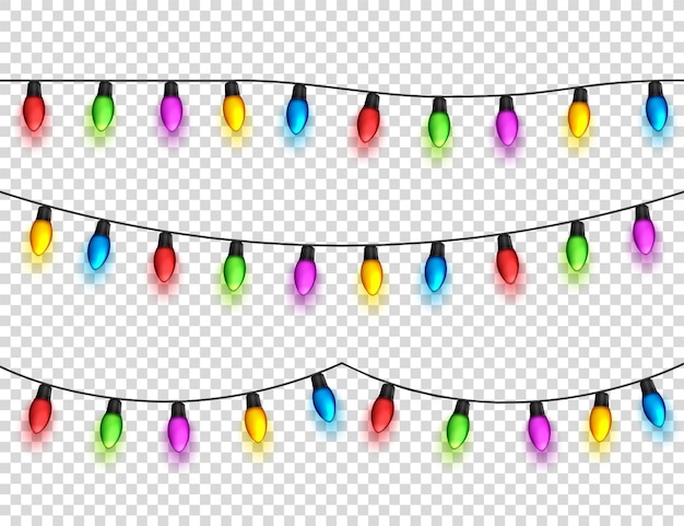 Christmas glowing lights on transparent background garlands with colored bulbs xmas holidays