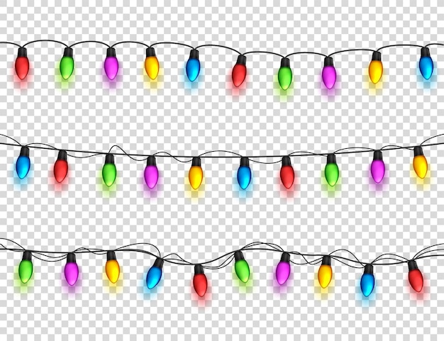 Christmas glowing lights on transparent background garlands with colored bulbs xmas holidays