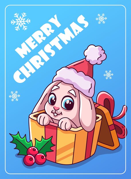 Christmas greeting card Bunny in gift box and holly berries Christmas vector illustration
