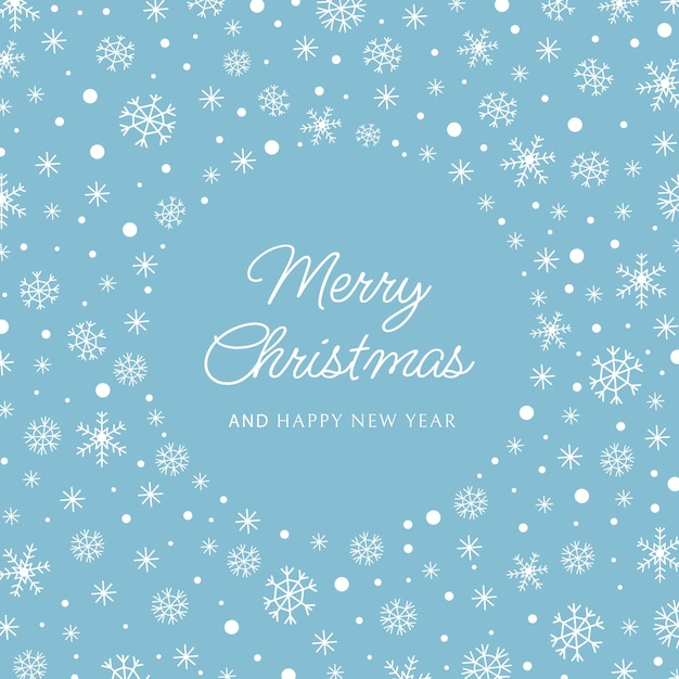 Christmas greeting card with a round frame of white snowflakes snow on a blue background