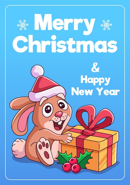 Christmas greeting card with bunny Rabbit with gift box and holly berries Vector illustration