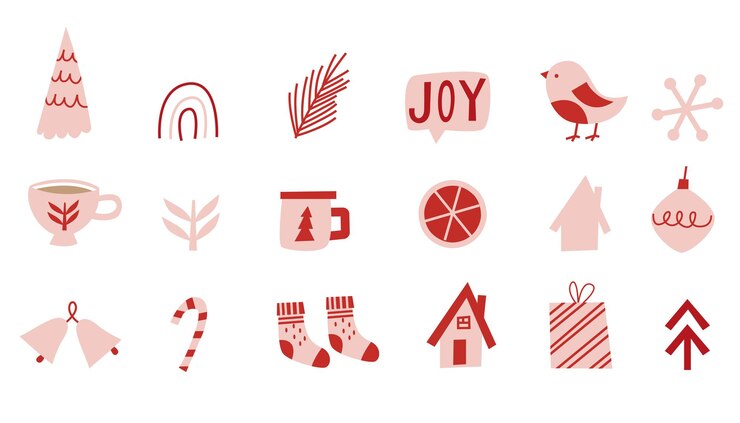 Christmas icons Red and pink winter illustrations Stylish winter holiday icons