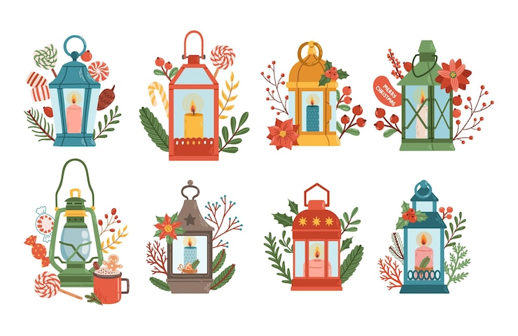 Vector christmas lanterns set winter decor flat design isolated on white background vector illustration