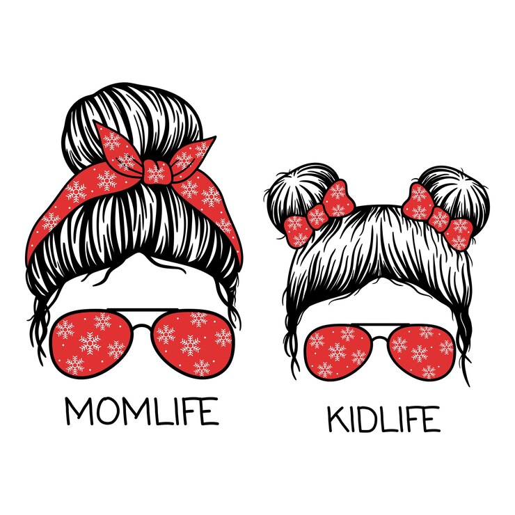 Vector christmas mom woman face and girl face with aviator glasses bandana and snowflakes  print