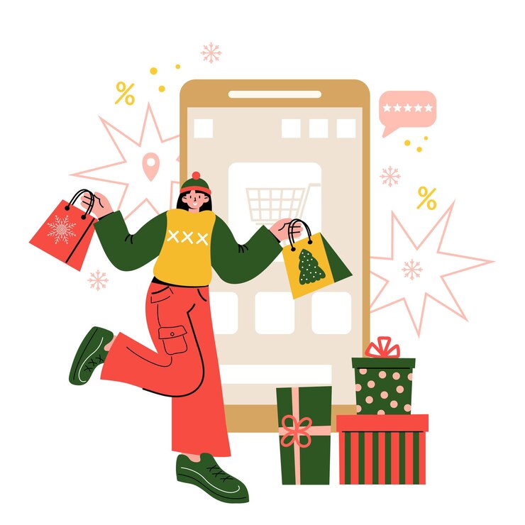 Christmas online shopping or winter holiday sale Illustration with Gifts and Bags