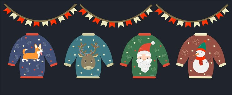 Vector christmas postcard with different cartoon ugly sweaters with santa snowman reindeer and corgi
