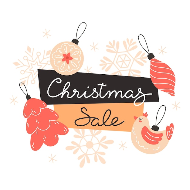 Christmas sale banner with snowflakes and tree ornaments