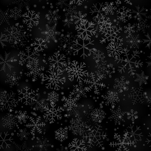 christmas seamless pattern of snowflakes of different shapes, sizes and transparency, on black background