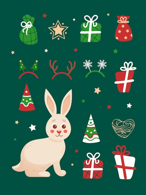 Christmas set bright illustrations in cartoon style Rabbit symbol of Chinese New Year 2023 Gifts stars party hat deer horns Christmas trees snowflakes For stickers posters postcards banners