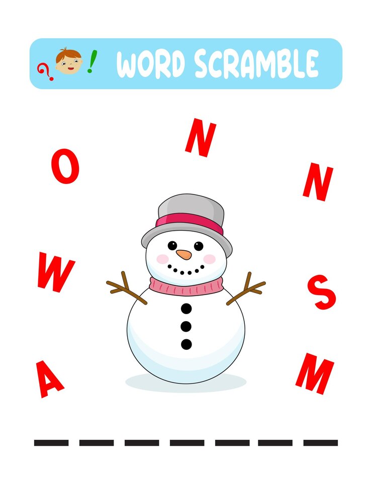 Vector christmas spelling word scramble game an educational activity for kids with the word snowman