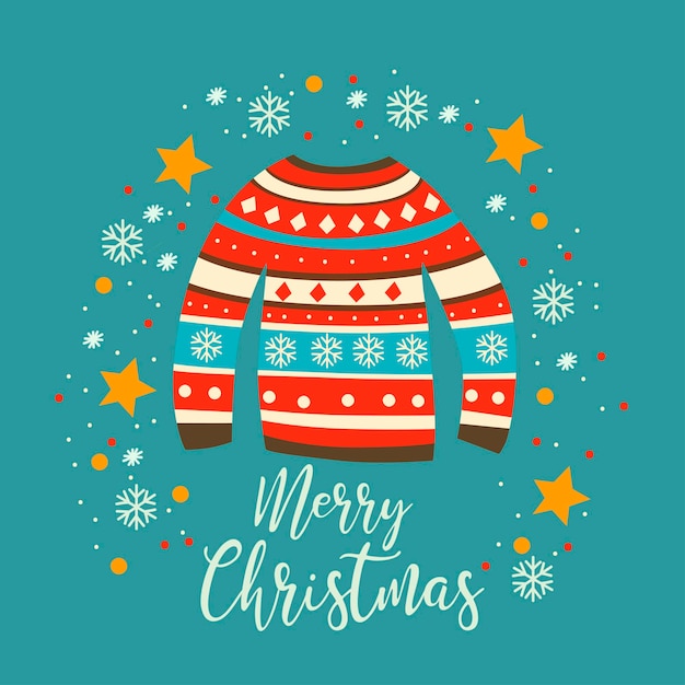 Christmas sweater Cute flat style Postcard Merry Christmas Vector illustration