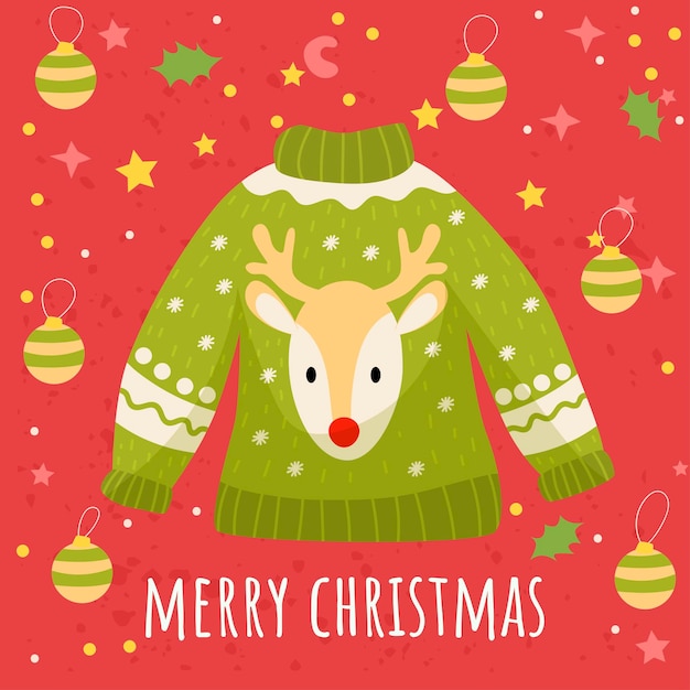 Christmas sweater Cute flat style Postcard Merry Christmas Vector illustration