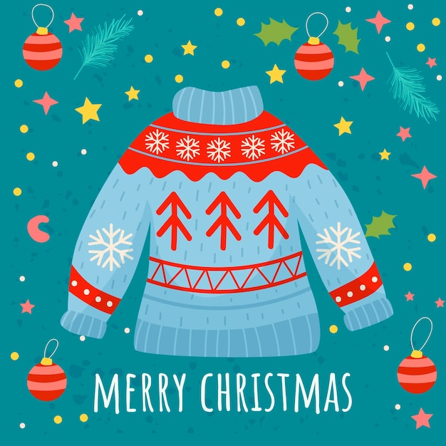 Christmas sweater Cute flat style Postcard Merry Christmas Vector illustration