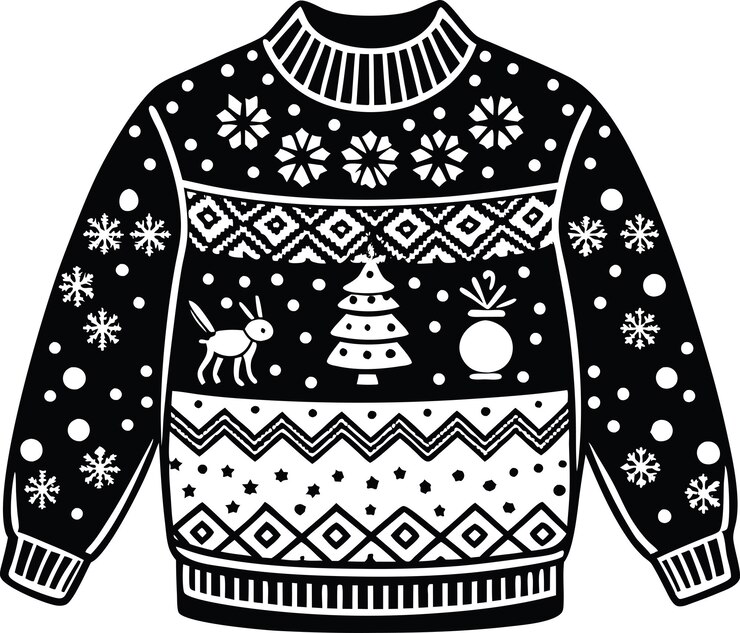 Vector christmas sweater silhouettechristmas sweater with seasonal winter pattern line art illustration