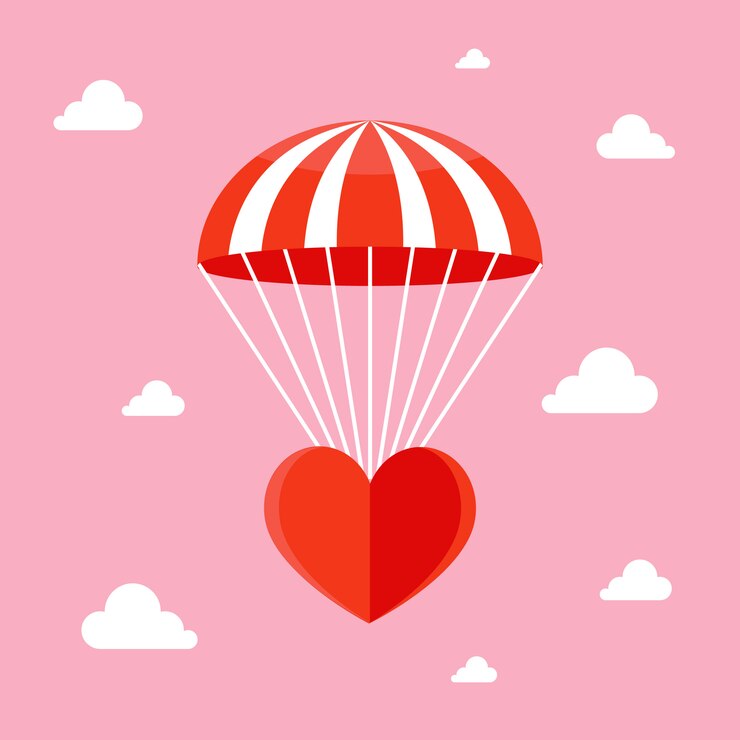 Vector cinta ada di udara. jantung jatuh dengan parasut di langit.