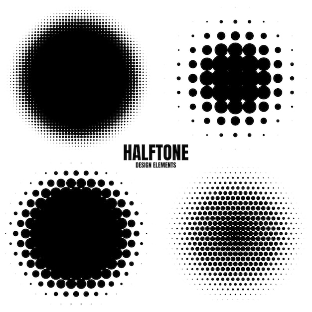 circle halftone design elements with black dots isolated on white background comic dotted pattern