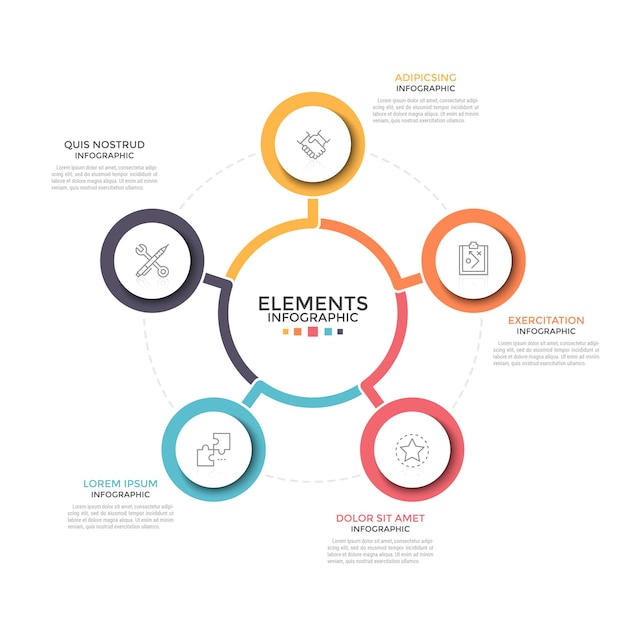 circular chart. five colorful round elements with linear symbols inside placed around central one. concept of 5 business options to choose. minimal infographic design template. 
