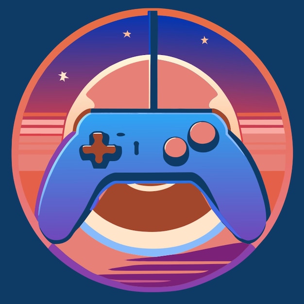 circular logo with a vintage retro joystick four circular buttons vaporwave synth neon
