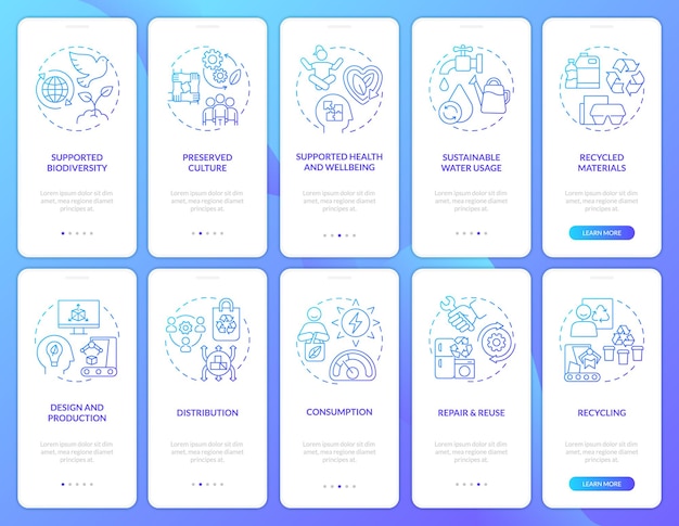 Circulareconomy activity blue gradient onboarding mobile app screen set Walkthrough 5 steps graphic instructions pages with linear concepts UI UX GUI template Myriad ProBold Regular fonts used