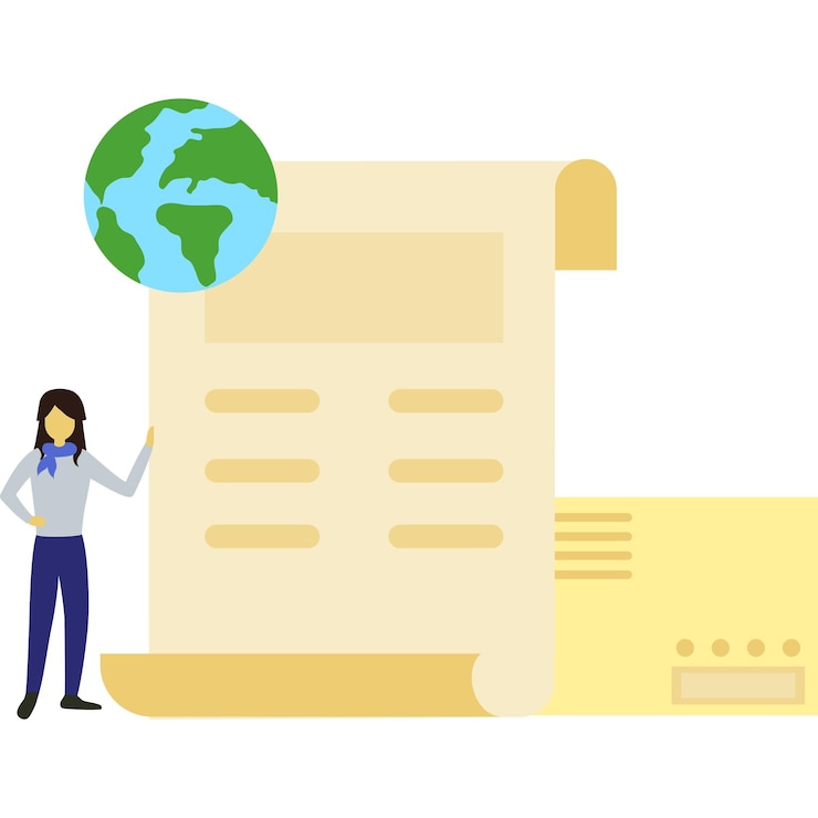 Vector citizenship icon foreign passport vector flat logo id document for immigration people identification embassy woman with paper document over globe earth isolated on white background