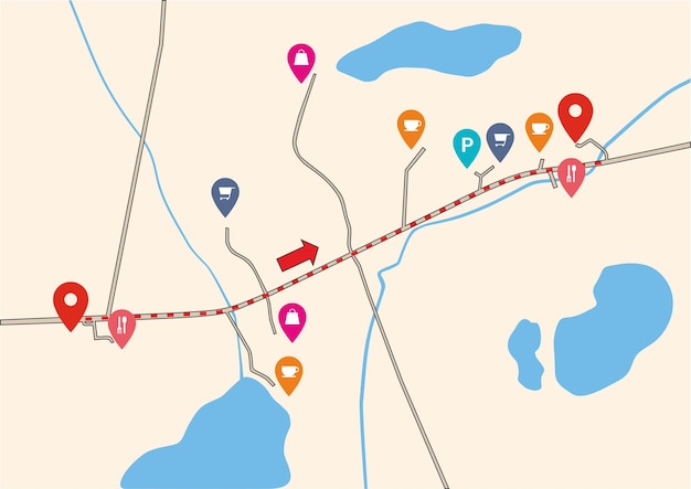 City map of an imaginary city with a river and lakes Destination points