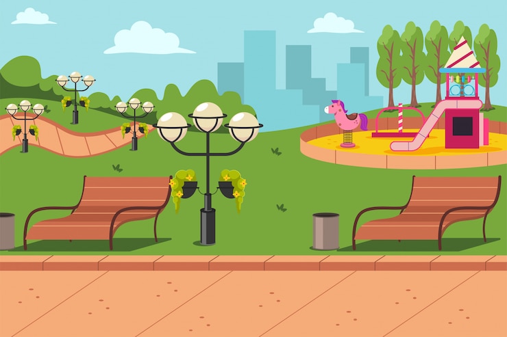 Vector city park with a bench, lanterns and a playground for children.   cartoon flat urban landscape illustration.