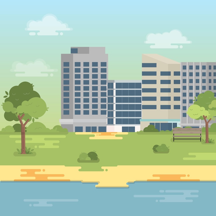 Vector city park with bench lake and building flat design