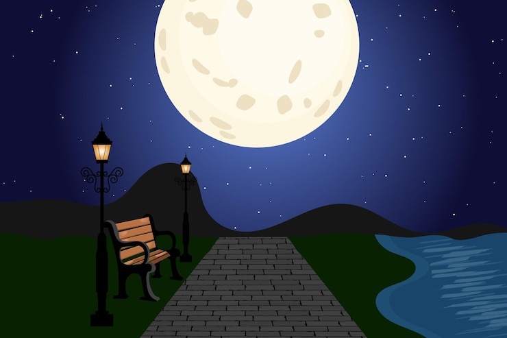 Vector city park with bench landscape place for walking with moon and streetlights lamppost and lake