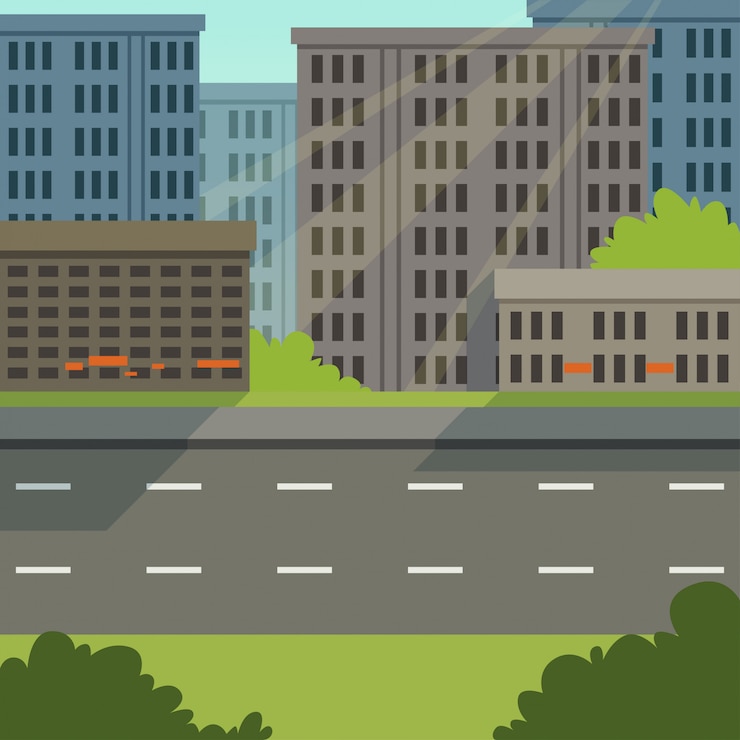Vector city street with road and city buildings, modern cityscape, urban background   illustration