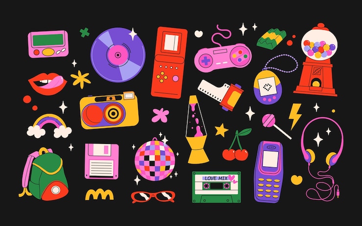 Vector classic 80s back to 90s elements in modern flat style hand drawn sticker set vector illustration