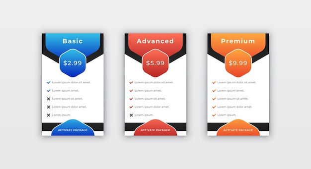 clean minimal pricing table design template for website subscription panel