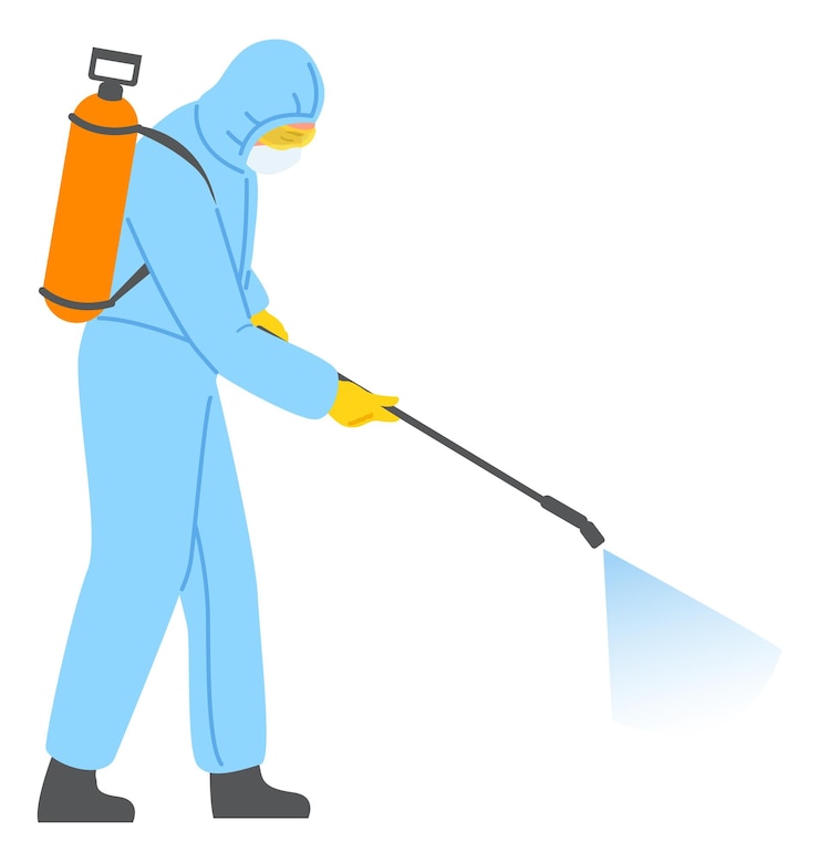 Vector cleaning service worker in protective suit spraying chemicals