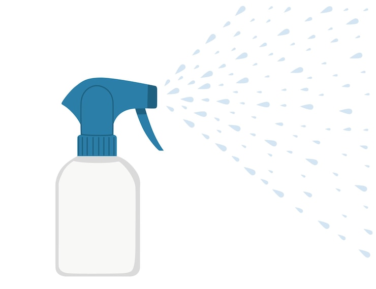 Vector cleaning spray plastic bottle spraying out flat vector illustration on white background