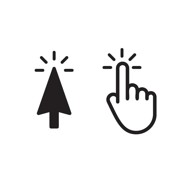 Click button, isolated black arrow, isolated white hand. Interface graphic, web vector icons template