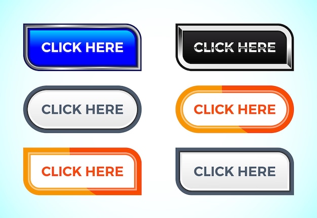 Click here button set of different shapes and colors Suitable for mobile app and website UI design