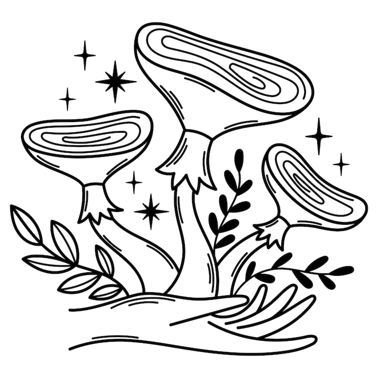 Vector clip art vektor jamur garis luar sihir psikedelik. jamur seni garis celestial boho mistis