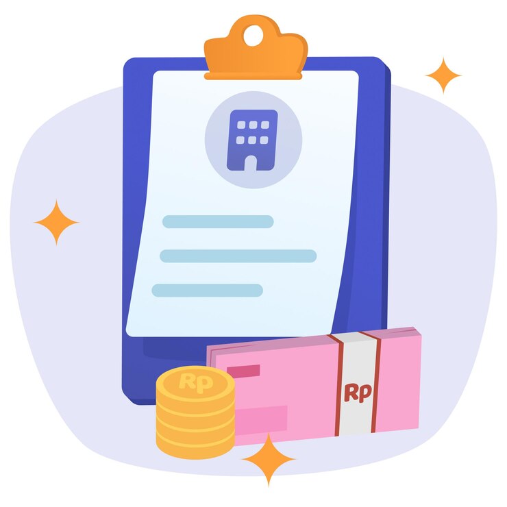 Vector clipboard with company data and cash coins illustration