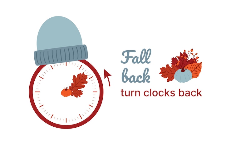 Vector clock switch to winter time daylight saving time ends a clocks in a floral frame of autumn orange foliage and turning an hour back flat illustration