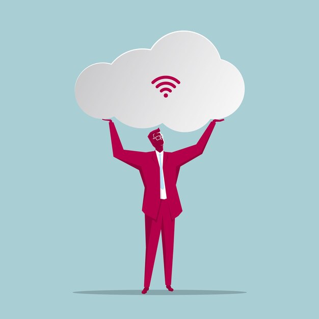 Cloud computing concept design. Businessman holds up cloud symbol.