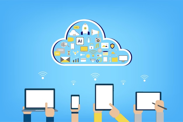 cloud computing technology with icons and devices on blue background vector illustration