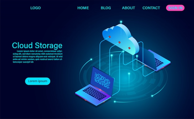 Cloud storage technology and networking concept. Online computing technology. big data flow processing concept, vector illustration