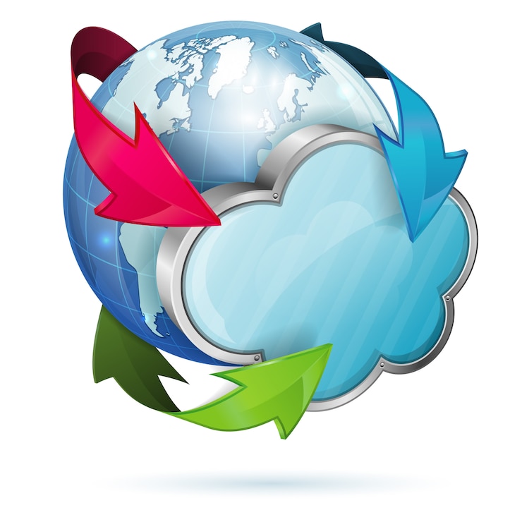 Vector cloud symbol with earth and arrows