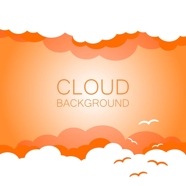Clouds in the sky with sun rays Flat vector illustration in cartoon style Orange colorful sunset background