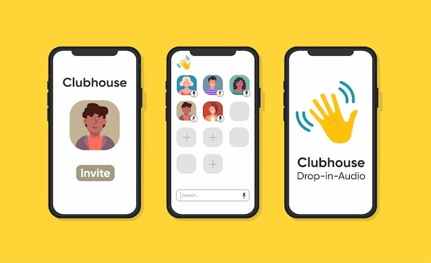 Clubhouse App Mockup Screens and logo with slogan - drop-in audio. Vector application template.