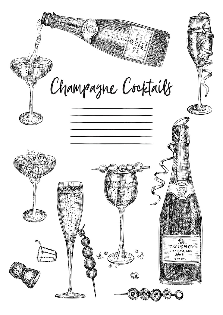 Vector cocktail bar menu design template set in retro style isolated on gray background hand drawn glass and bottle champagne vintage wine card alcohol beverage symbol